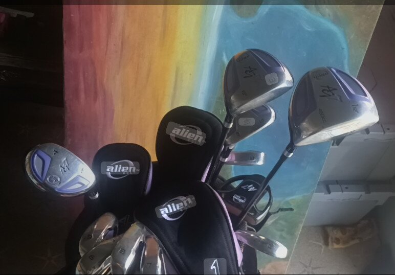 Alien golf clubs and Alien-branded headcovers in the bag